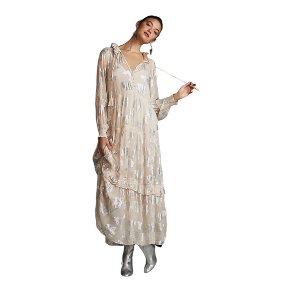 Anthropologie The Marais Chiffon Maxi Dress Shine Edition Peach Metallic 1X - Picture 1 of 14